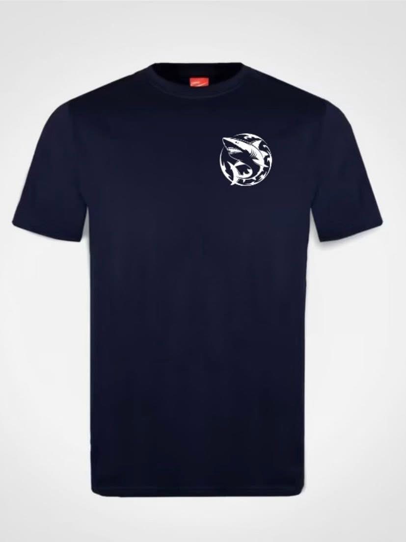 Navy blue Let's Get Wet with a Shark printed T-shirt, front view — White