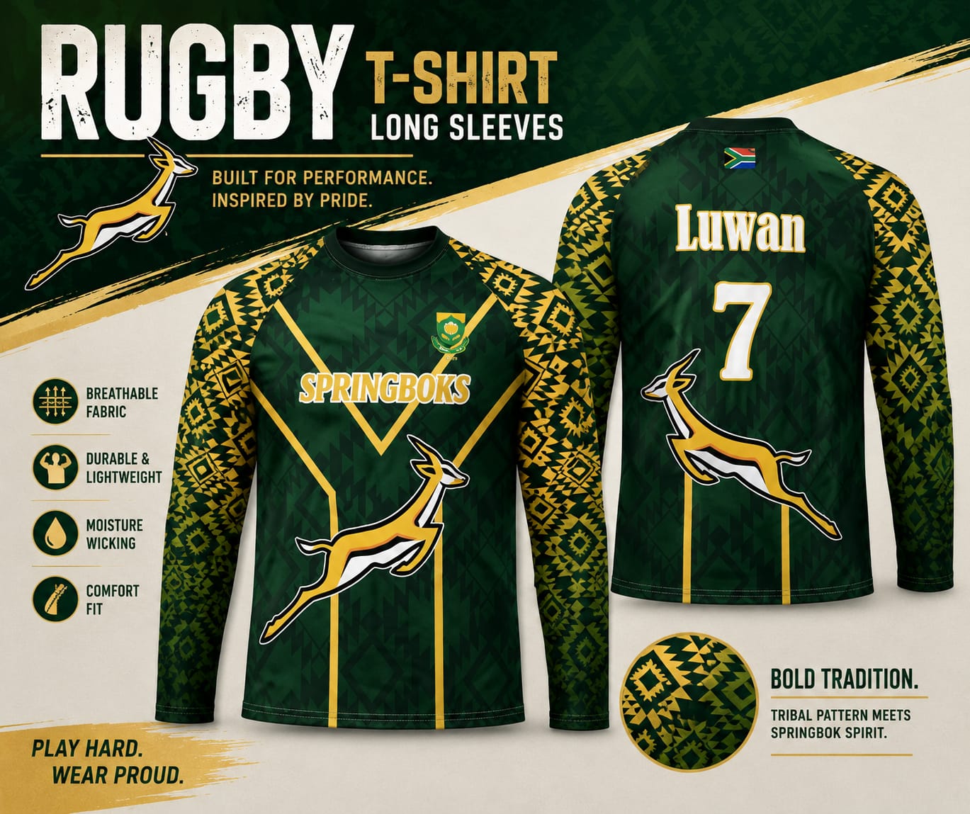 Personalised Springbok-inspired long-sleeve rugby t-shirt with green and gold details