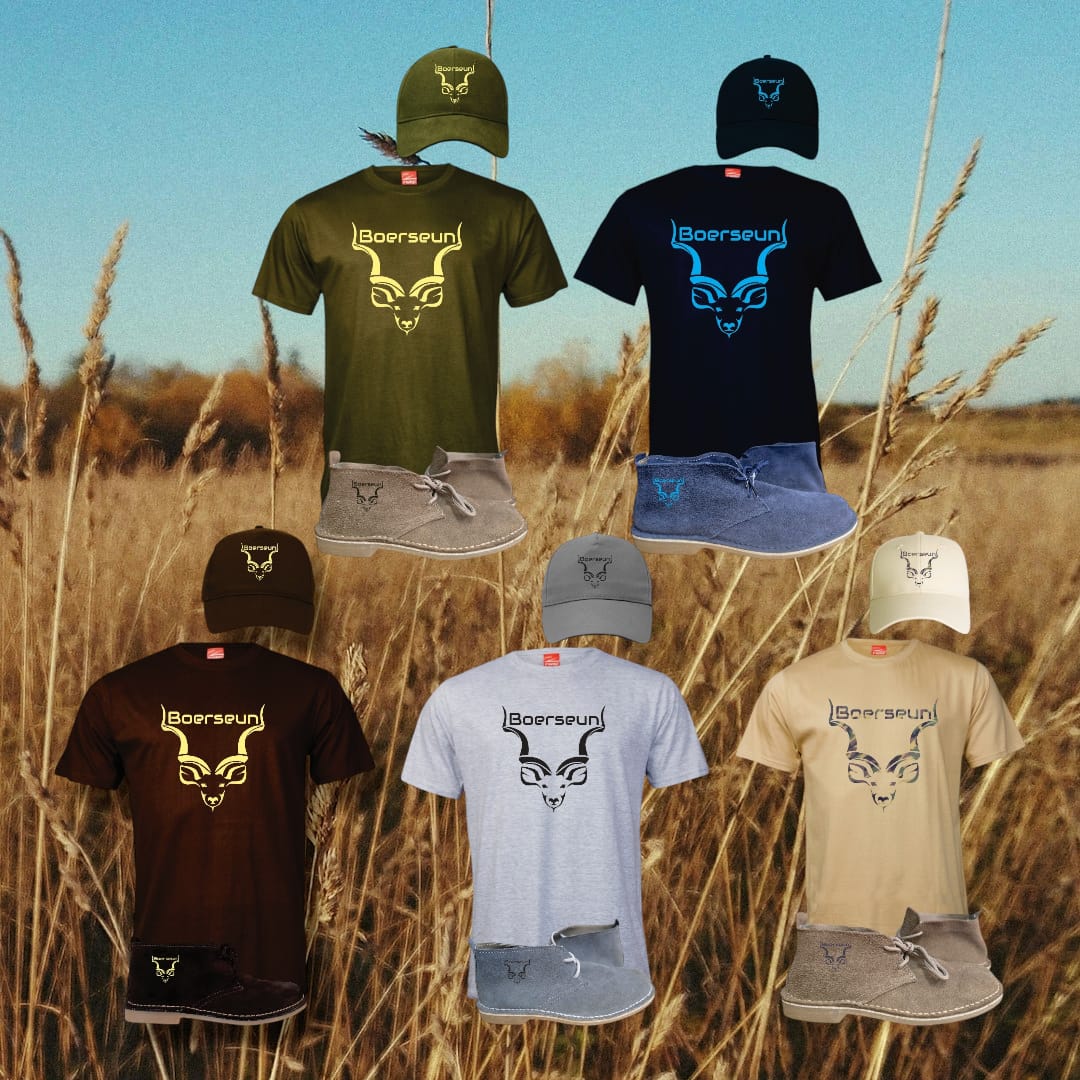 Boerseun combo set with kudu-print T-shirt, matching cap and suede vellies — Green