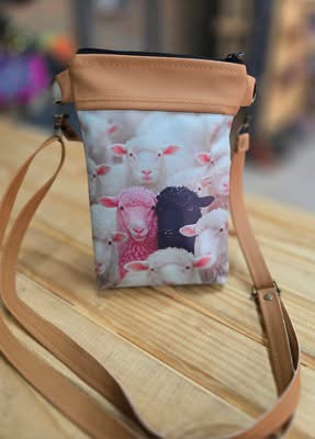 Leather and fabric cellphone sling bag with sheep print — Sheep 1
