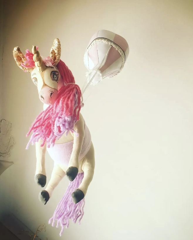 Handmade hot air balloon nursery decor with hand-painted plush animal — Unicorn