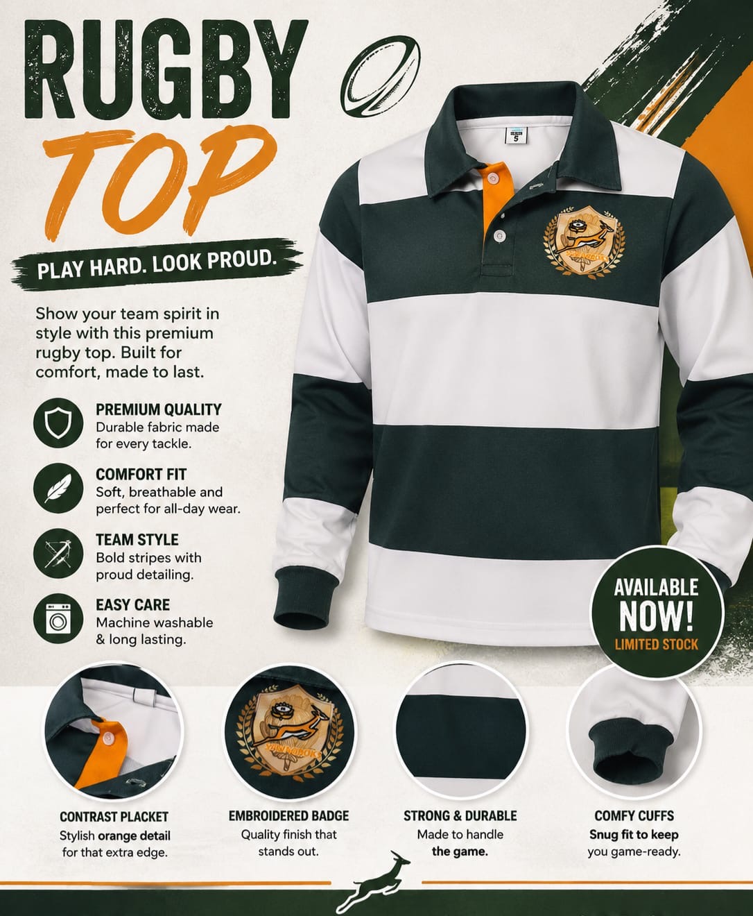 Springbok-inspired premium rugby top with contrast placket and embroidered badge