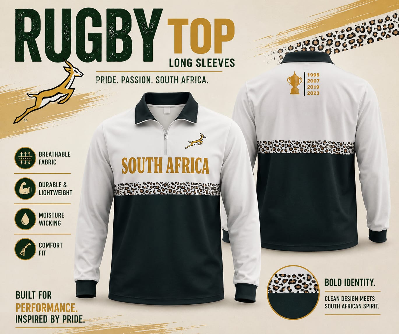 South Africa long-sleeve rugby top with World Cup Champions years