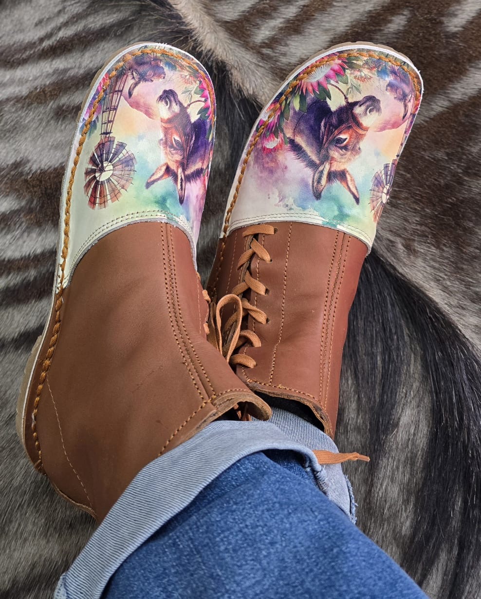 Leila genuine leather brown lace-up boots with donkey and windmill print toe — Top View