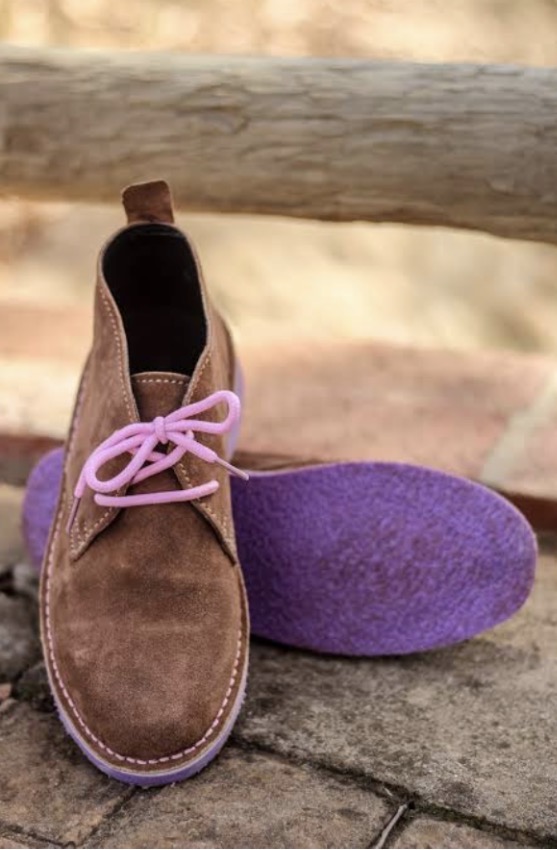 Tan suede vellies with lilac sole and pink shoelaces