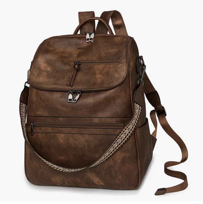 Faux leather backpack in two-tone brown with woven guitar strap — Two-tone Brown